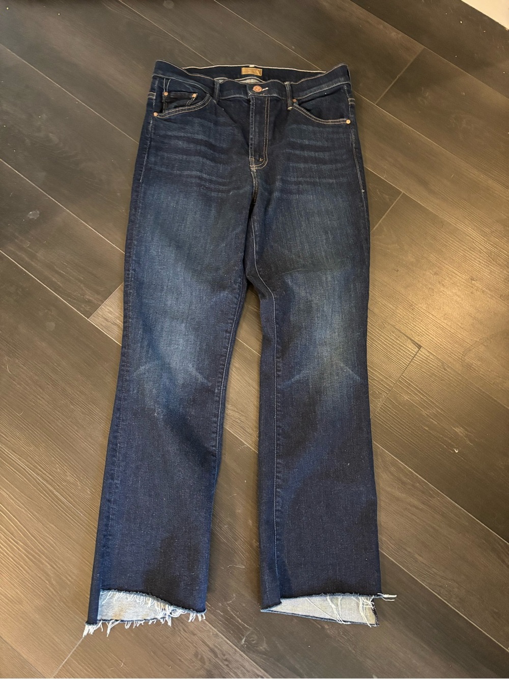 MOTHER Dark Blue Raw Hem Cropped Straight Jeans